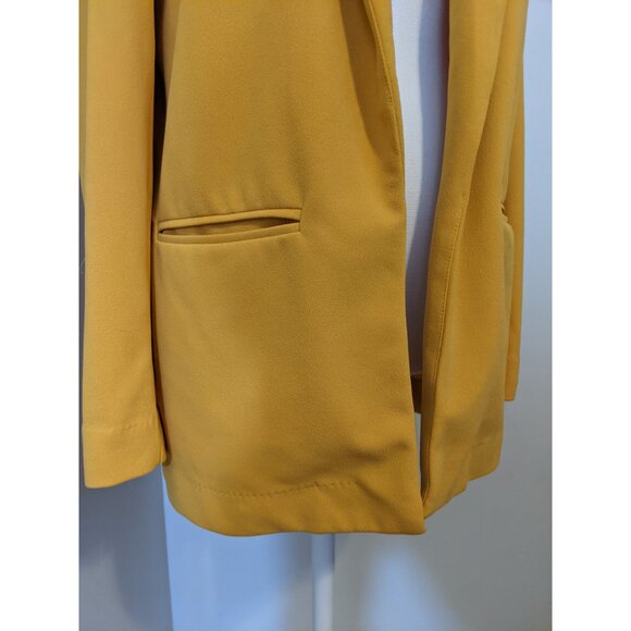 Womens Mustard Yellow Open Front Blazer Jacket Longline Office School Classic L - Picture 5 of 11
